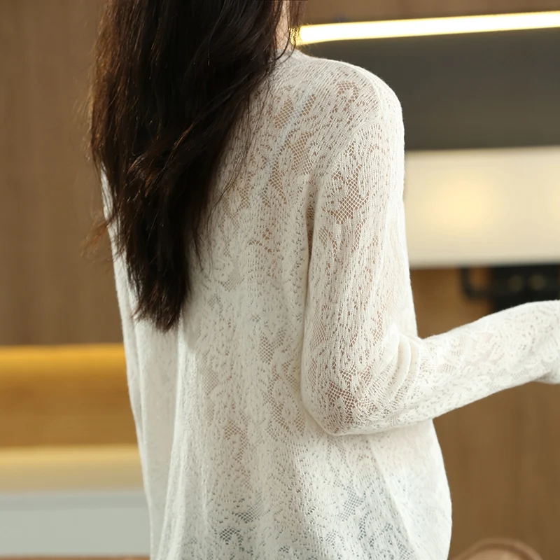 Spring And Summer Women's 100% Fine Wool Pullover Thin Sweater Hollowed-Out Silver Silk Long-Sleeve Soft Knitting Fashion Top