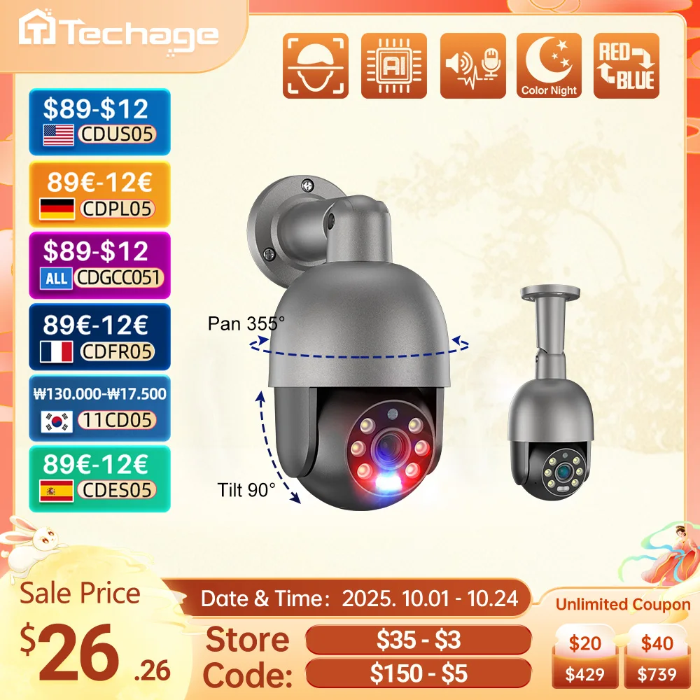 Techage UHD 4K 8MP 4MP 5MP IP Camera Red-Blue Light Alert Human Detection POE Security Protection Video Surveillance Camera