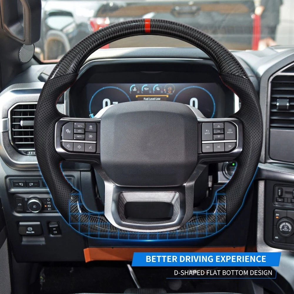 

Real Carbon Fiber Steering Wheel Without Paddle Hole Red Center Line For Ford F150 2021-2024 Perforated Leather Steering Wheel