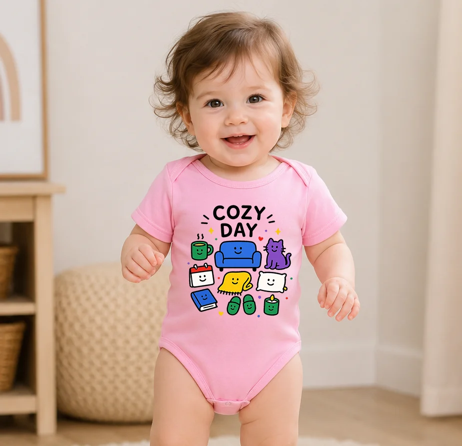 Cartoon Cozy Day Pattern Baby Bodysuit Soft Cotton Short Sleeve Infant Onesie Cute Newborn Girls Romper Daily Outfit