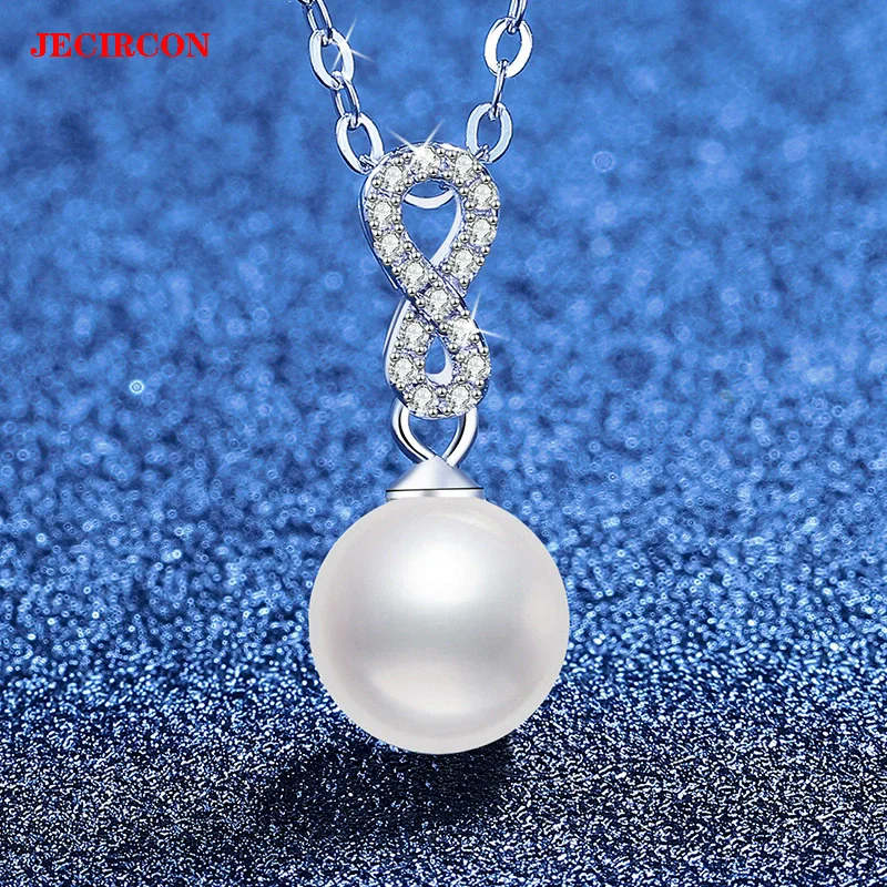 

JECIRCON S925 Sterling Silver Moissanite Necklace for Women, Infinity Symbol Full Diamond with 8mm Pearl Pendant Clavicle Chain