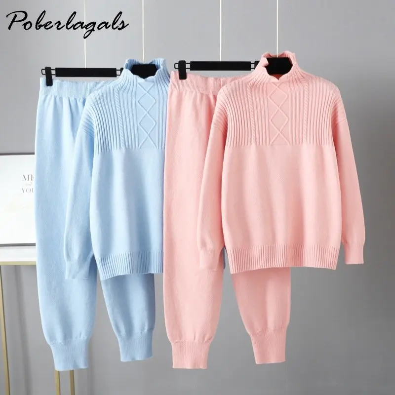 Two-piece Sets Winter Oversized Drop Sleeve Cashmere Knit Thick Loose Turtleneck Sweater Tracksuits Wide Leg Pants Suit Women