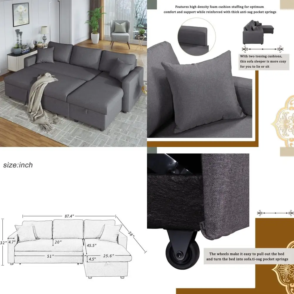 

Трансформируемый спальный диван с выдвижной кроватью, шезлонг для хранения вещей, 2 подушки, 3-местный диван L-образной формы, удобная мебель для гостиной