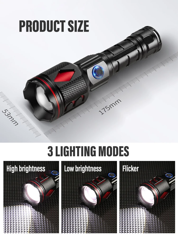 30W Wick LED Flashlight High Power Torch with  and Double Side Lights Lighting Distance 1500M Waterproof Tactical Hunting Lights