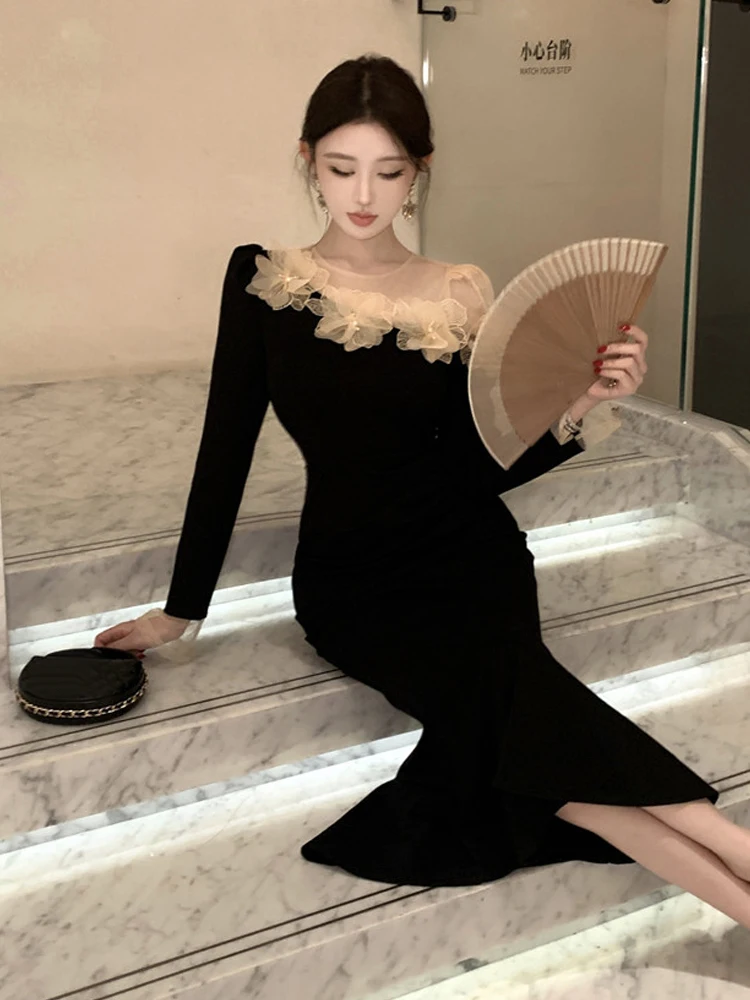 レトロな3D花柄ブラックロングスリーブドレス、セクシーなシースルーメッシュスプライス、スリムフィットボディコン、マーメイドヘムドレス、パーティー、プロム、ベスティド、ローブ、ガウン