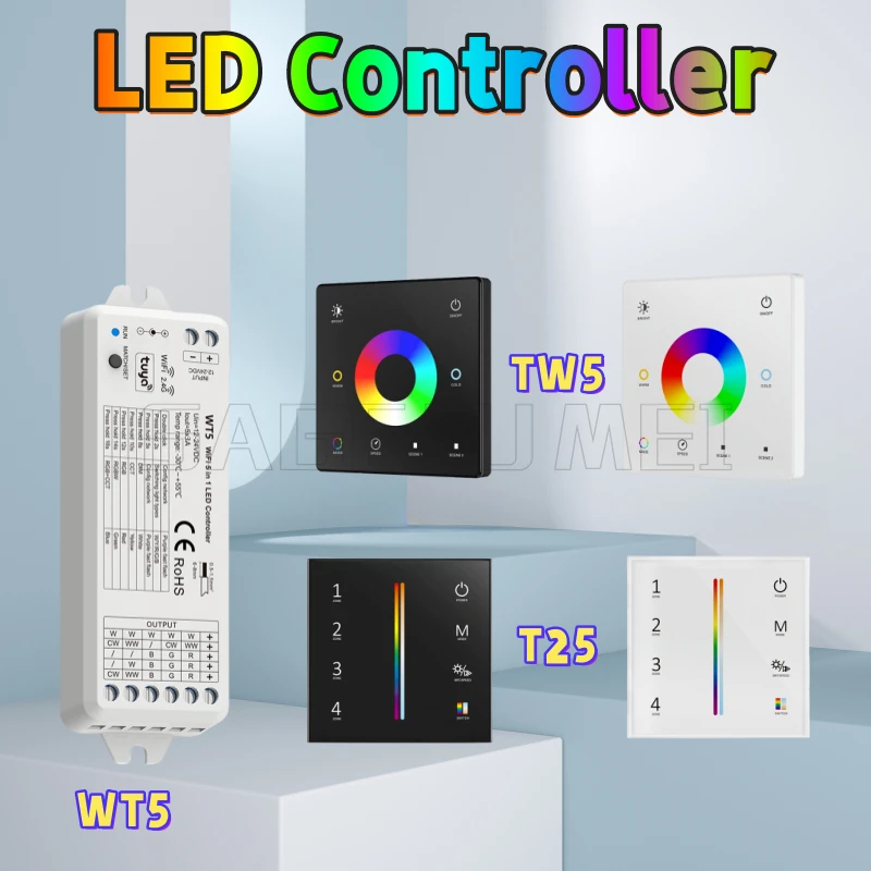 Skydance RGBCCT Controller 12-24VDC 5 in1 Dimmer WT5 TW5 CCT RGB RGBW LED Strip Light Glass Touch Panel 2.4G RF Wifi Controller