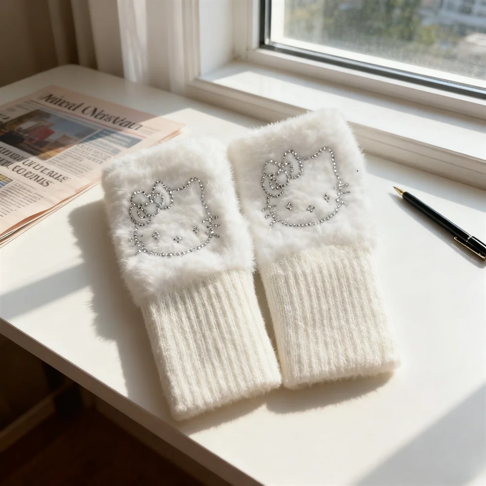 لطيف الكرتون القط محبوك نصف اصبع قفازات المرأة الشتاء أفخم سميكة الدافئة حماية المعصم طالب قفازات الكتابة 18.5*9 سنتيمتر #4