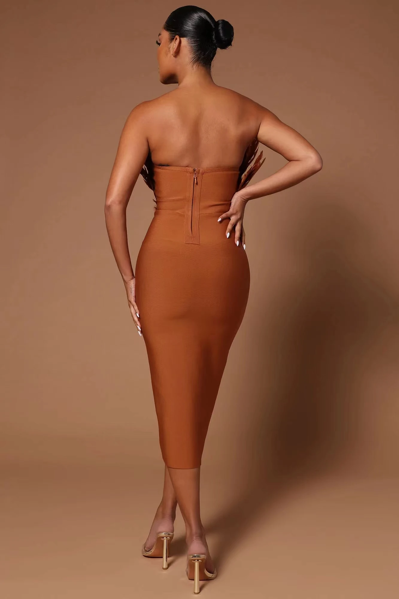 New Arrival Brown Rosered Women Sexy Feathers Off the Shoulder Bodycon Mid-calf Dress Rayon Bandage Birthday Party Costume