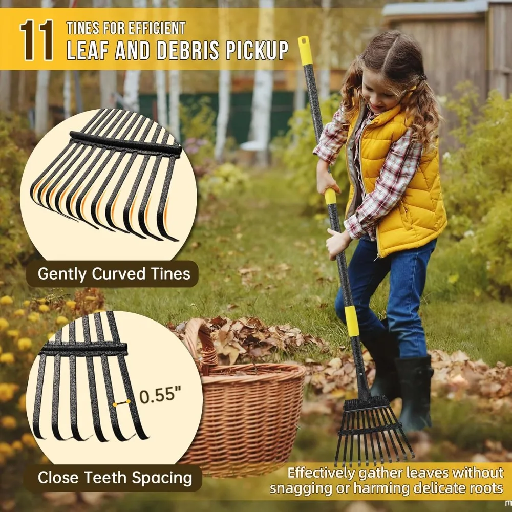 Adjustable Leaf Rake 30"-60" Long Handle, 11 Tines 8.5" Wide, Heavy Duty Metal for Lawn, Garden, Yard, Camping, Shrub, Grass, Weed, Debris view 5