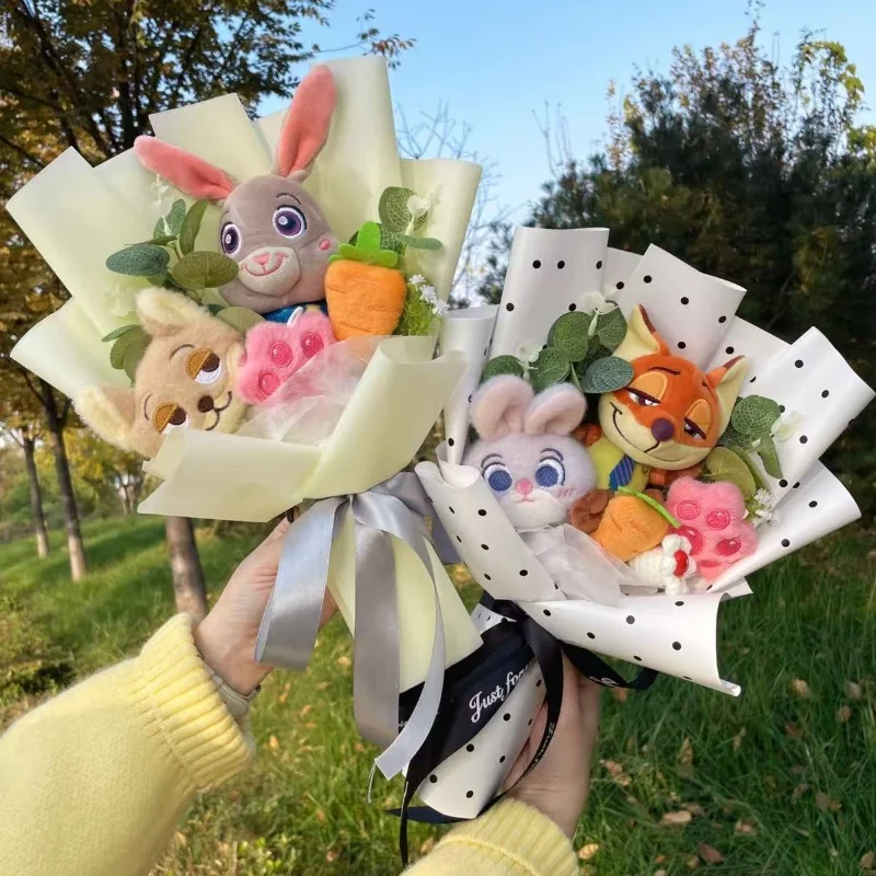 Genuine Zootopia Characters Judy Hopps Nick Wilde Plush Dolls Creative Handmade Bouquets Christmas Birthday Valentine Gifts