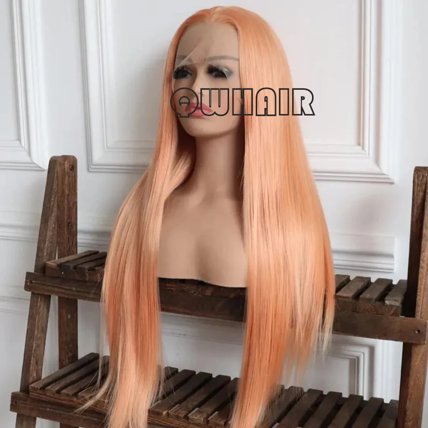 QW Synthetic Hair Light  Orange Silky Straight Soft 13X4 Lace Front Wig For Women Hair Heat Resistant Fiber Cosplay  Daily