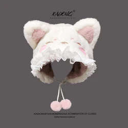 Japanese Sweet Cute Cat Ears Plush Lace Strap Pullover Cap Winter Outdoor Riding Windproof Ear Protection Bomber Hats for Women