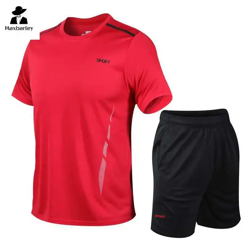 Summer Sports suit Men's Fitness Jogging Silk Ice Mesh Breathable T-shirt +Sports Shorts 2-piece Casual Basketball Training suit