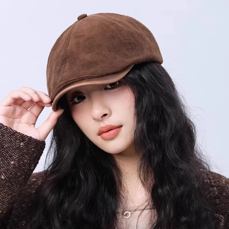 단색 가을 겨울 여성 베레모 빈티지 코듀로이 포워드 캡 캐주얼 소녀 아티스트 화가 모자