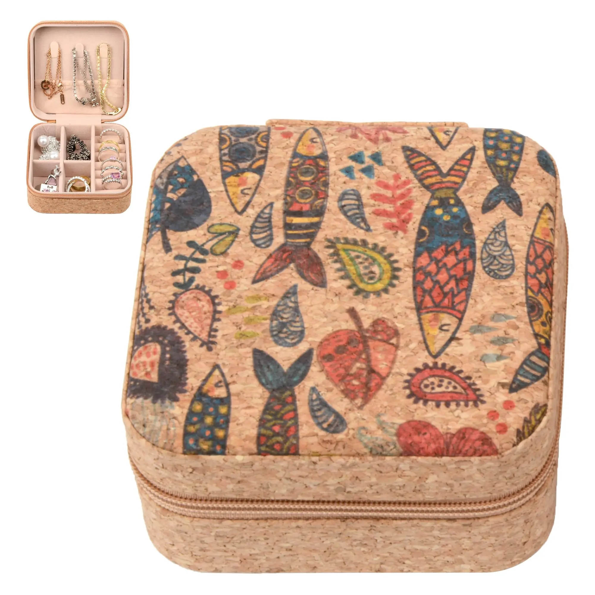 

Vintage Cork Jewelry Organizer Box Bohemia Portable Earrings Storage Box Flowers Retro Necklace Storage Case Display Travel
