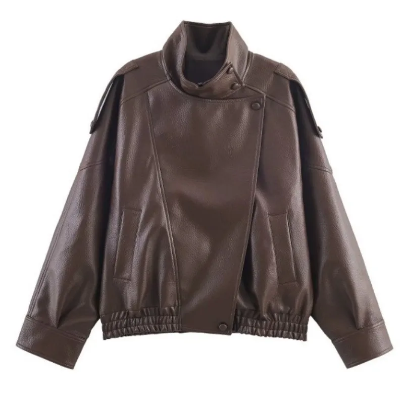 Luxury Soft Trend Stand Collar Faux Leather Jacket Women's Biker Jacket PU Leather Soft Coat Black Coffee Windproof Overcoat