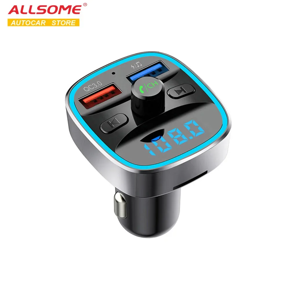 

ALLSOME Bluetooth Quick Charge Car Charger for Smartphone Mobile Phone Handsfree FM Transmitter Car Kit MP3 Player Dual USB