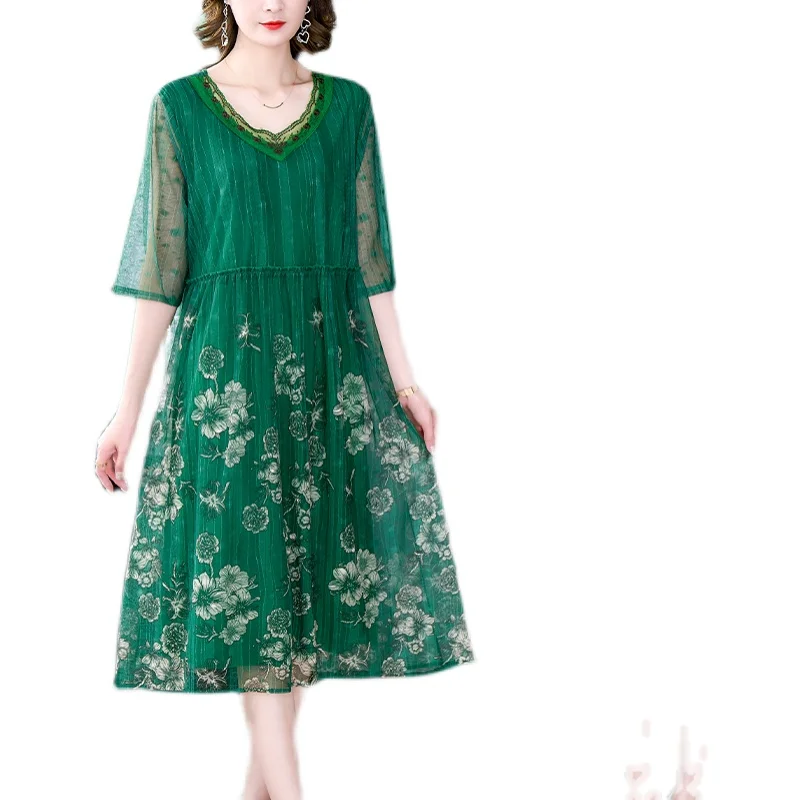 InjPrint-Robe midi en mousseline de soie verte, grande taille, style boho, élégante, pour fête, éducatif, vintage, été, 2024