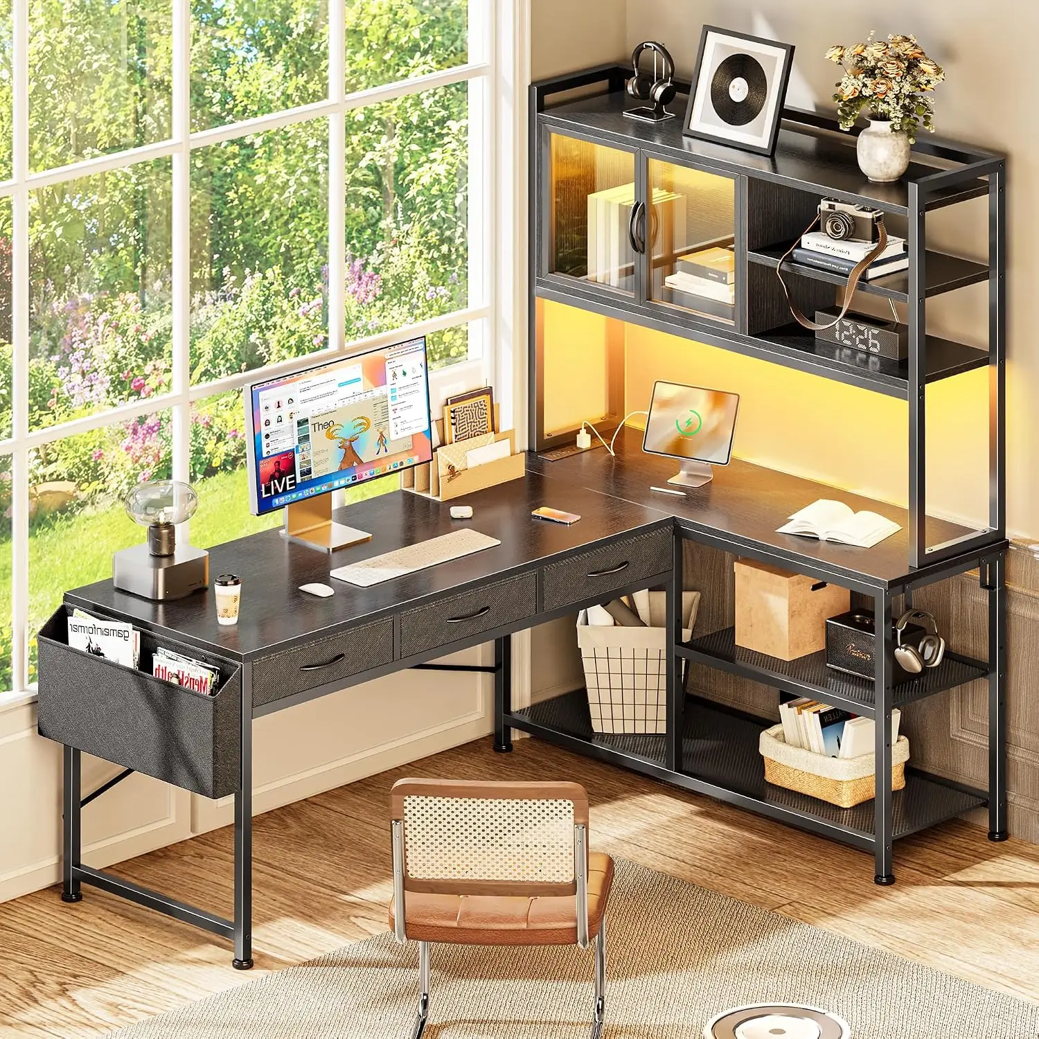 57.5 Inch L Shaped Gaming Desk with Power Outlets and LED Lights | USB-C Port, 6-Tier Computer Office Desk with 3 Fabric Drawers