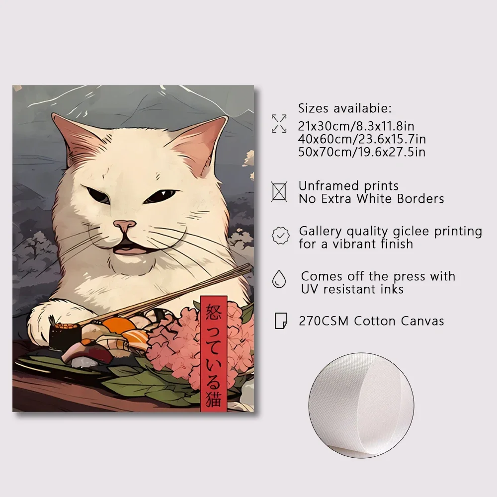 1pc Canvas Painting frameless Kawaii Japanese Ramen Animal Cat Posters Canvas Prints Paintings Home Decor Noodles Food Wall Art