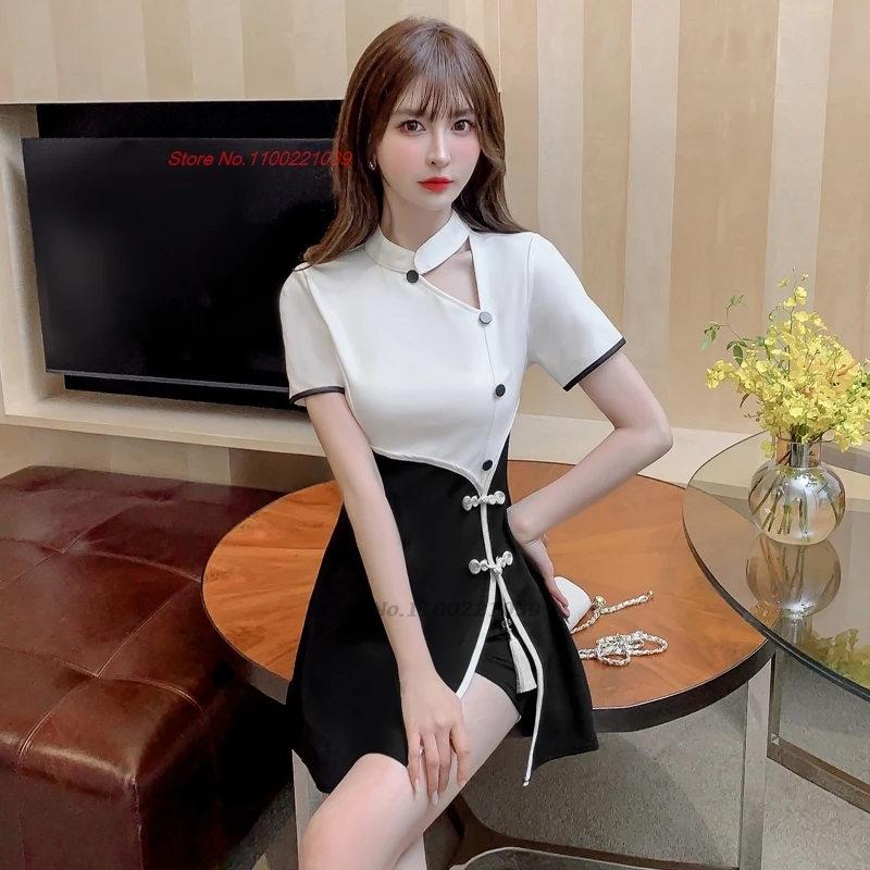 전통 패치워크 qipao 치파오 원피스, 중국 개선 qipao 원피스 + 반바지, 호텔 스파 작업 원피스, 미용 유니폼, 2024