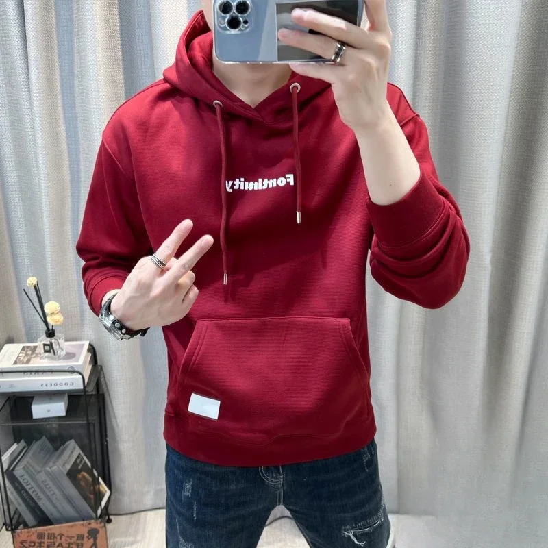 Man Hoodies Cotton Fleeced Burgundy Sweatshirts for Men Printing Clothing Deals High Quality Loose One Piece Novelty and Tops S