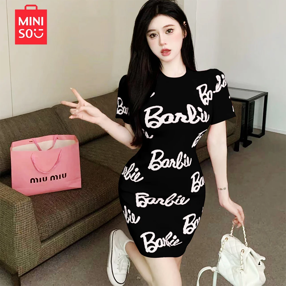 Miniso New Barbie Round Neck Letter Print Short Sleeve Mid Length Wrap Hip Dress Girls Birthday Christmas Halloween Gift