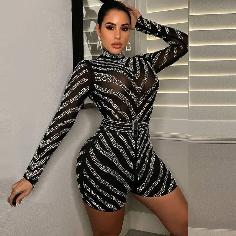 

Sparkly Crystal Rhinestone Party Playsuit Shorts Jumpsuits Women Long Sleeve Sheer Mesh Bodycon Rompers Womens Jumpsuit Clubwear