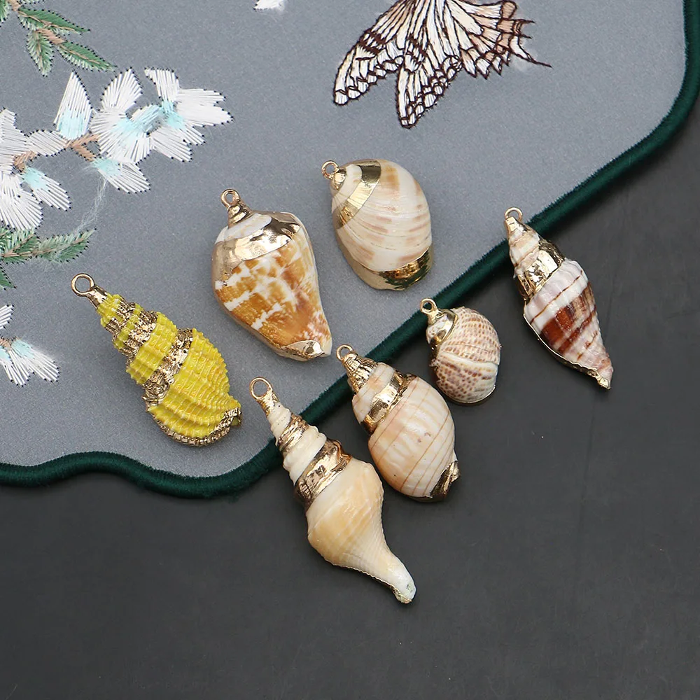 5pcs Conch Shaped Natural Shell Pendants With Gold-Plated Edge Wrap Design Charms Suitable For Handmade Fashion Women's Jewelry