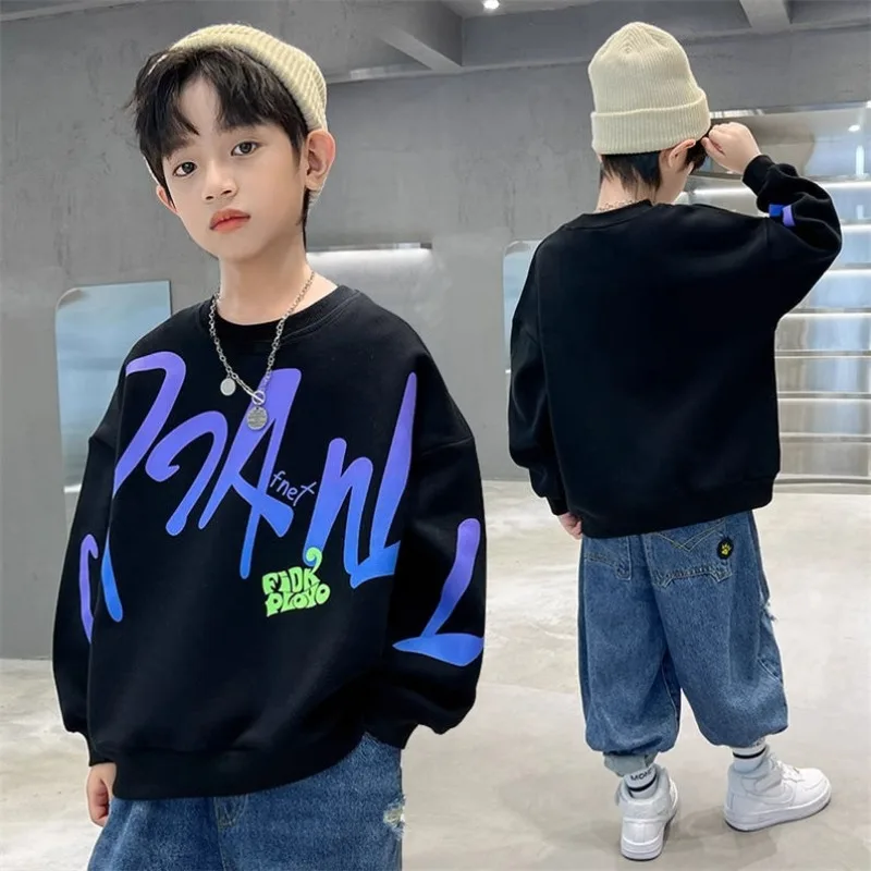 

Новое поступление 2025, свитшот с круглым вырезом для мальчиков, весна-осень, детский стильный модный красивый топ с буквенным принтом большого и среднего размера