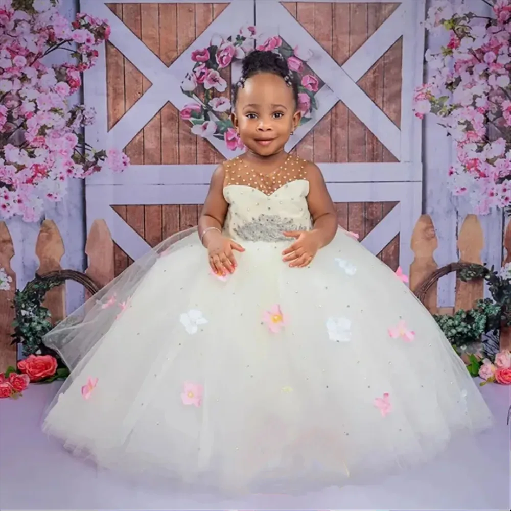 

Cute Floral Flower Girl Dresses for Wedding Appliques Beaded Sleeveless Baby Girl Birthday Party First Communion Gown Customized