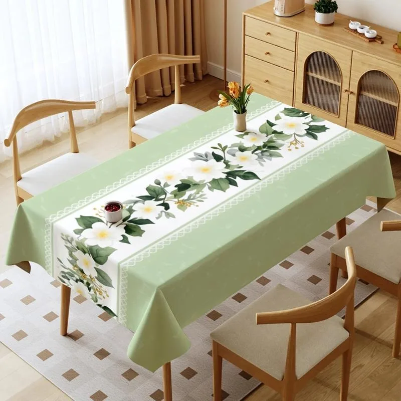 Single-sided printed, fresh light green leaf pattern tablecloth. Suitable for both home and outdoor use.
