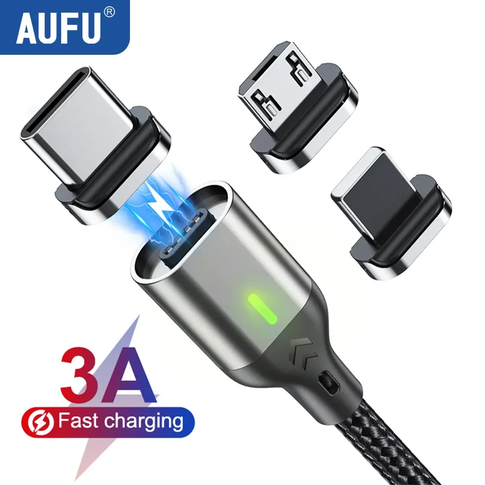 AUFU Magnetic Cable 3A Fast Charging Micro USB Type C Magnetic Charging Cables USB Data Charging Wire for iPhone Samsung Xiaomi