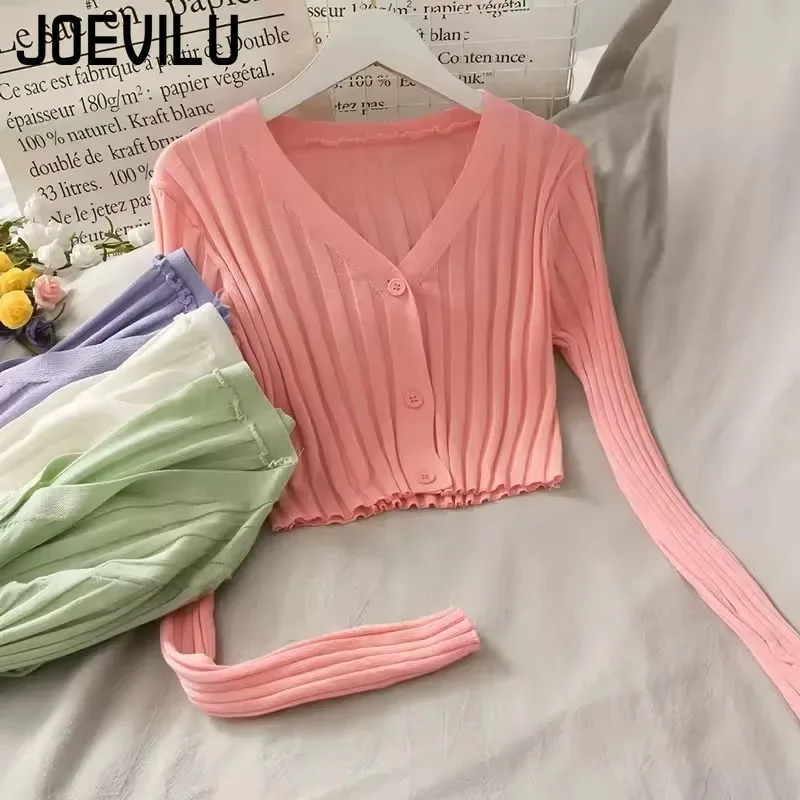 

JOEVILU Women's Summer Cropped Knit Cardigan Ice Silk Sun Protective Cover Up Beach Lightweight Tops Y2k Korean Fashion Blouses