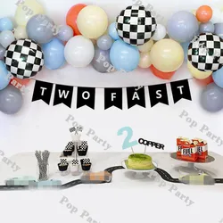 Bandera colgante de coche de carreras Vintage para niños, Decoración de cumpleaños, dos Fast/Vroom, blanco y negro, suministros para fiestas de primera y segunda