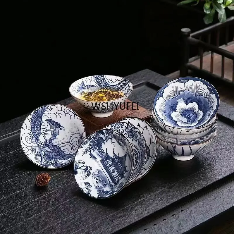

6pcs Chinese Teaware Supplies Blue and White Ceramic Teacup Handmade Boutique Master Cup Home Tea Ceremony Accessories Hat Cup