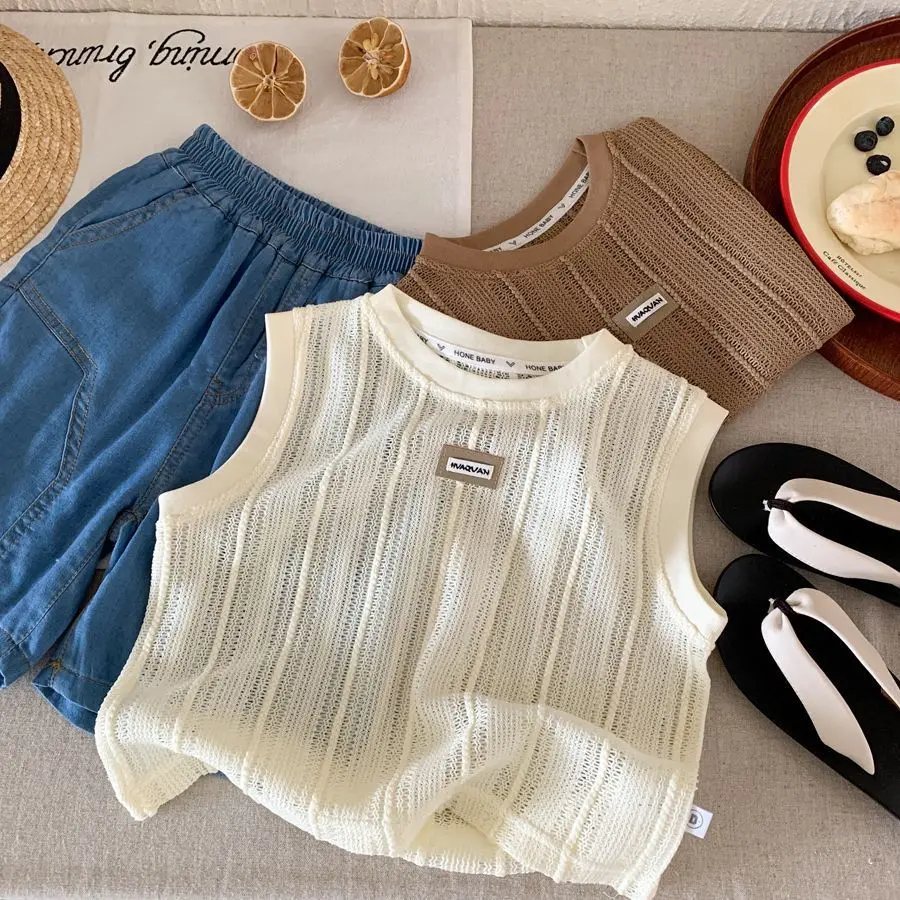 

Boys Summer Tank Top 2025 New Korean Fashion Casual Daily Sleeveless Breathable Knit Top Kids All-math Clothes for 2-8Y