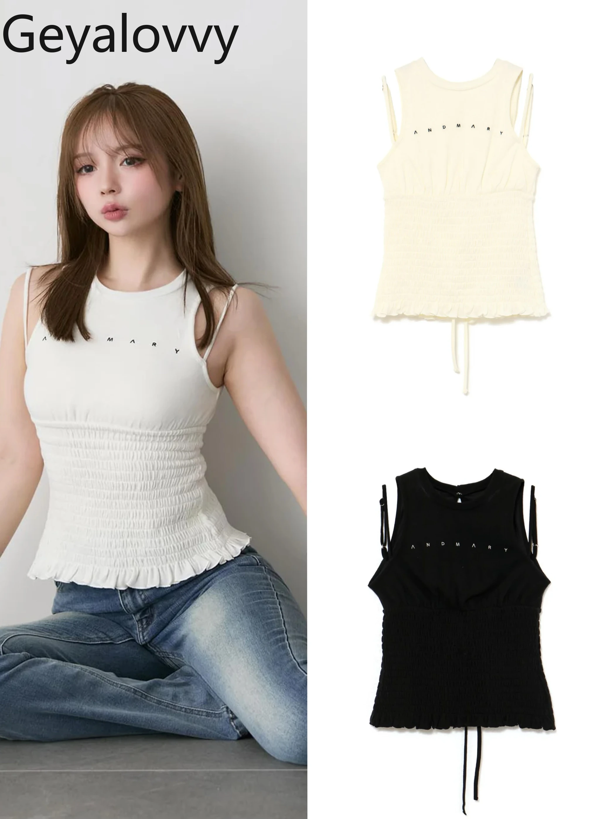 

Japanese Style Simple Lady Tank Top Fashion Letter Drawstring Casual Vest 2025 New Waist-Cinching Women's Tops Summer