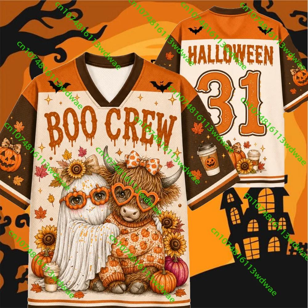 Women Cute Ghost Pumpkin V Neck T-shirts Girls Loose Sport Trick Party Spooky Outfit Funny Halloween Highland Cow Mesh Jersey