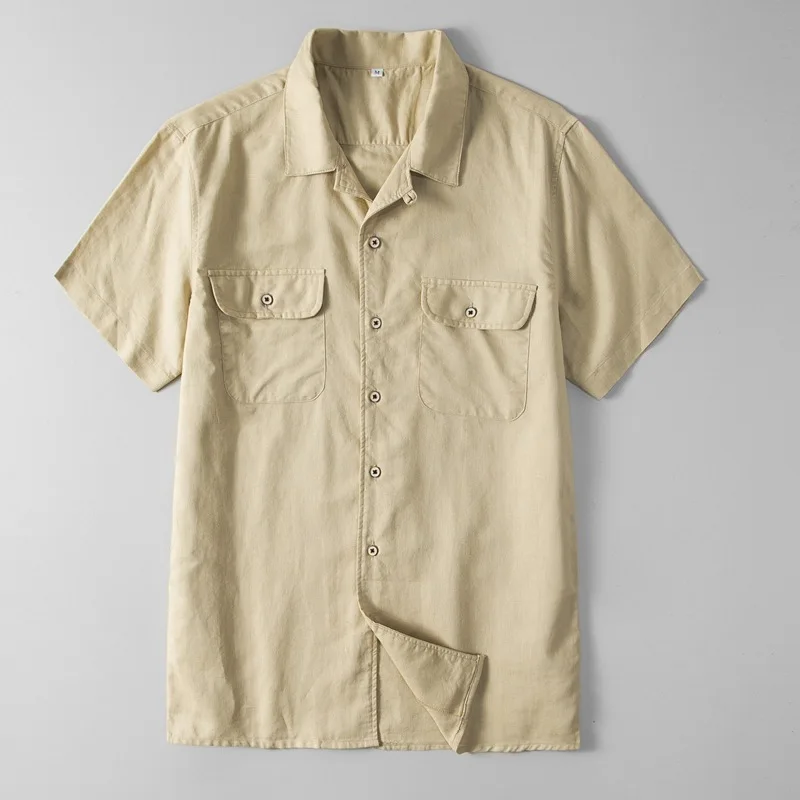 Casual Men's Cotton Linen Cargo Shirt Short Sleeve Lightweight Solid Color Shirt With Chest Pocket Summer Workwear Shirts
