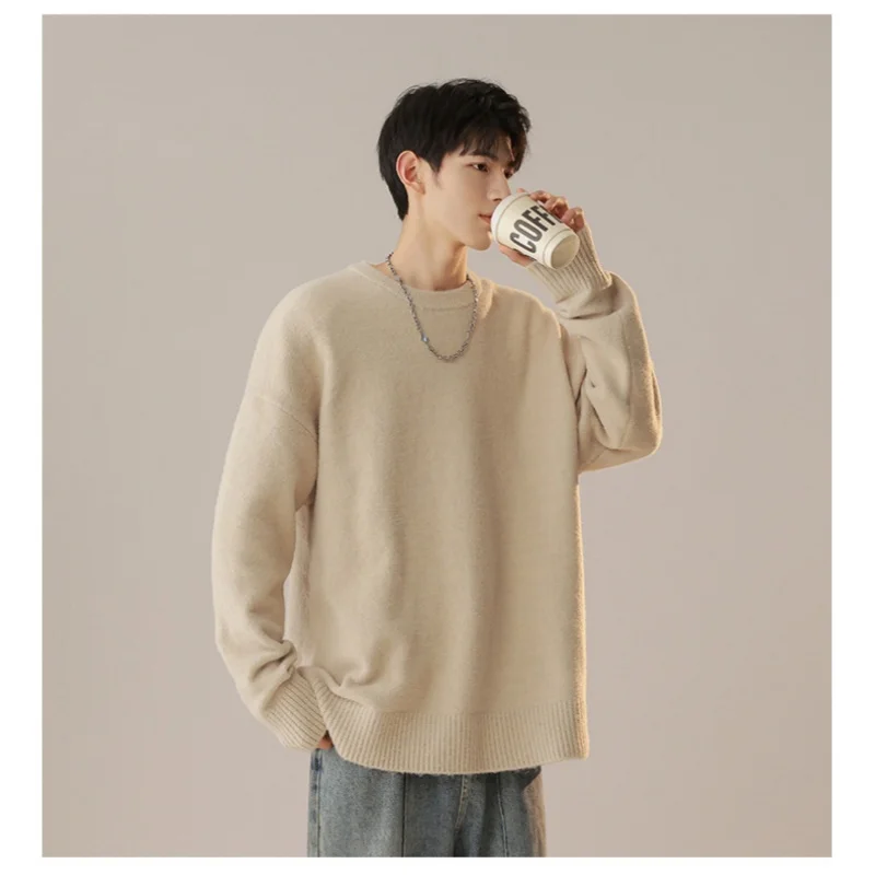 Autumn Winter Merad Color Knit Crew Neck Sweater Men's Loose Warm Loose Couple Paragraph Woolen Sweater Soft