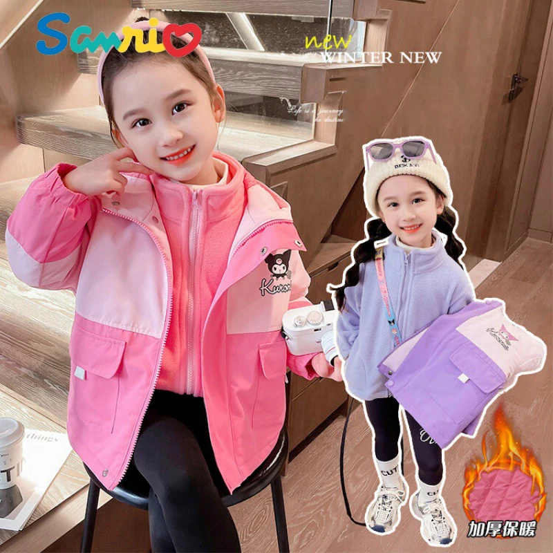 Sanrios Kuromi Anime Kawaii Girl Coats Autumn Winter Jackets Thickened Three-In-One Detachable Kids Snowsuit Baby Winter Clothes