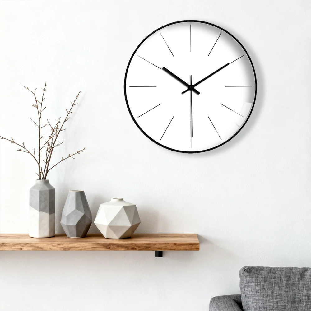 8-Zoll Minimalistische Linien-Wanduhr Geräuschlose Quarzuhr Moderner Schwarzer Rahmen Elegante Heimdekoration für Wohnzimmer Schlafzimmer Büro