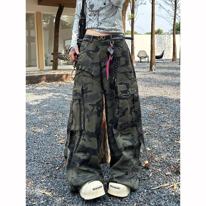 

Women Vintage Baggy Y2k Camouflage Cargo Jeans 2025 Autumn Streetwear Harajuku Pants Aesthetic 2000s Denim Trousers Clothes