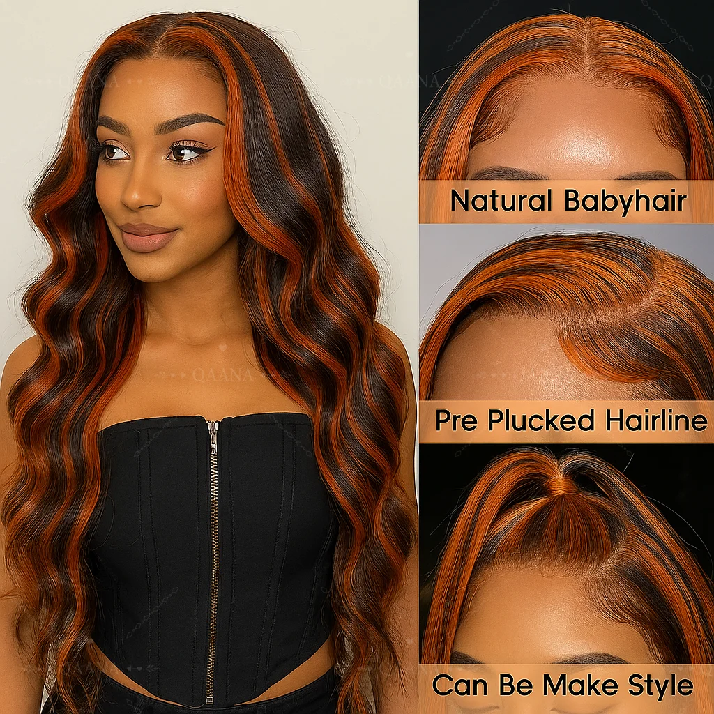 ترقية # 4/350 الزنجبيل مع البني 5x5 الدانتيل الجبهة الباروكات الجسم موجة شعر مستعار شعر الإنسان Balayage أومبير تسليط الضوء على شعر مستعار غلويليس Bralizian