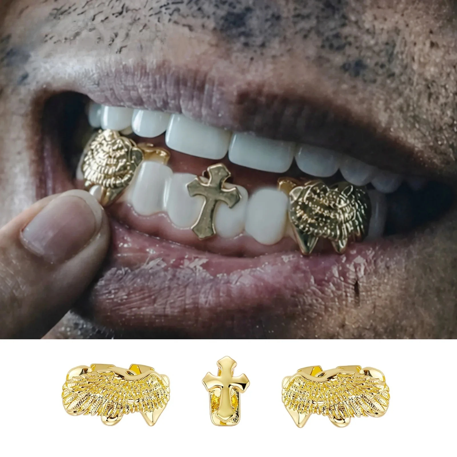 3Pcs Hip Hop Grillz Set Y2K Cross Single Wing Double Tooth Top Iced out Teeth Jewelry for Men And Women