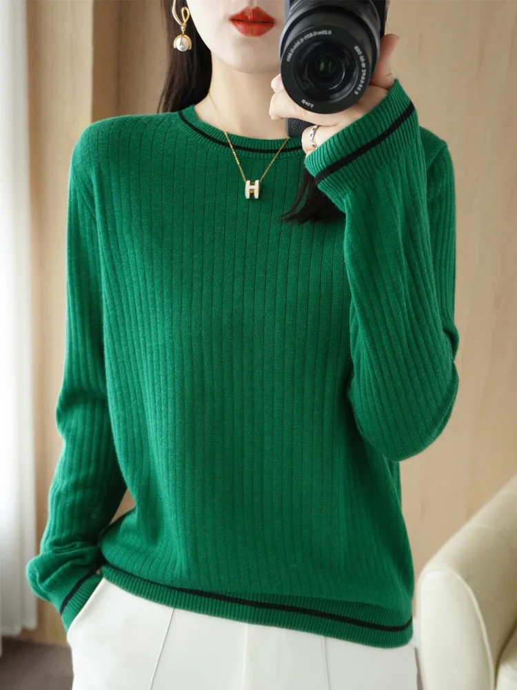 Autumn Winter New Wool Blend Sweater Woman Color Contrast O-Neck Pullover Casual Knitted Strip Drawing Tops Female Loose Sweater