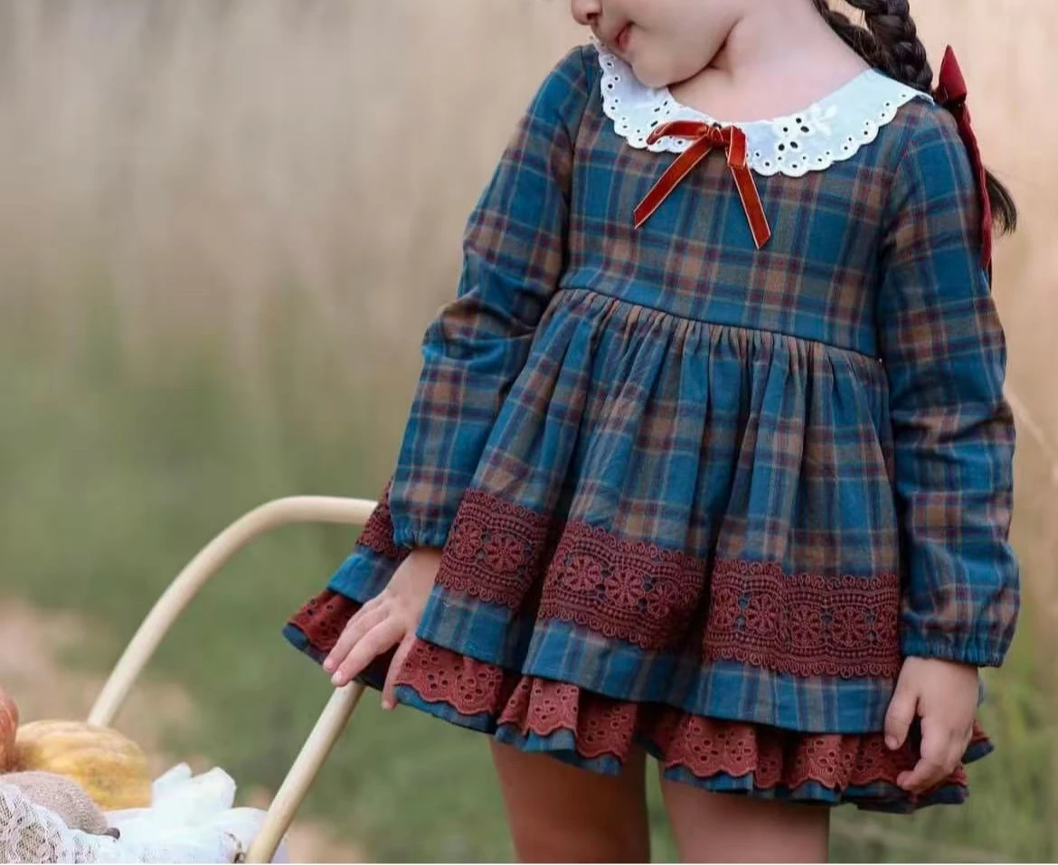 

0-12Y Baby Girl Autumn Blue Plaid Dress for Birthday Photography Holiday Eid C219