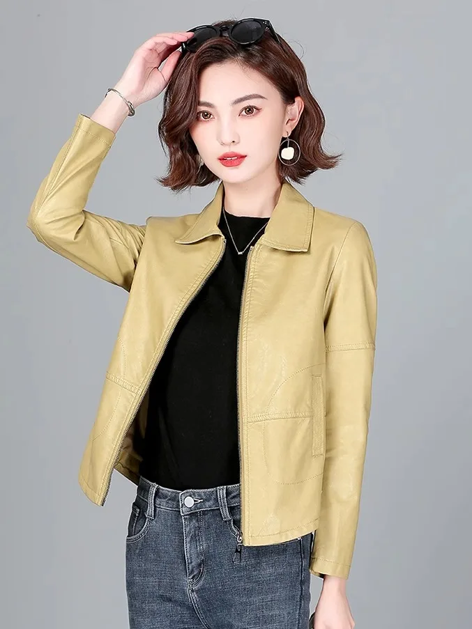 Giacca in Vera Pelle Nera da Donna, Stile Sportivo, Primavera-Autunno, con Cerniera e Colletto, per il Lavoro, Taglia Piccola, Novità 2025