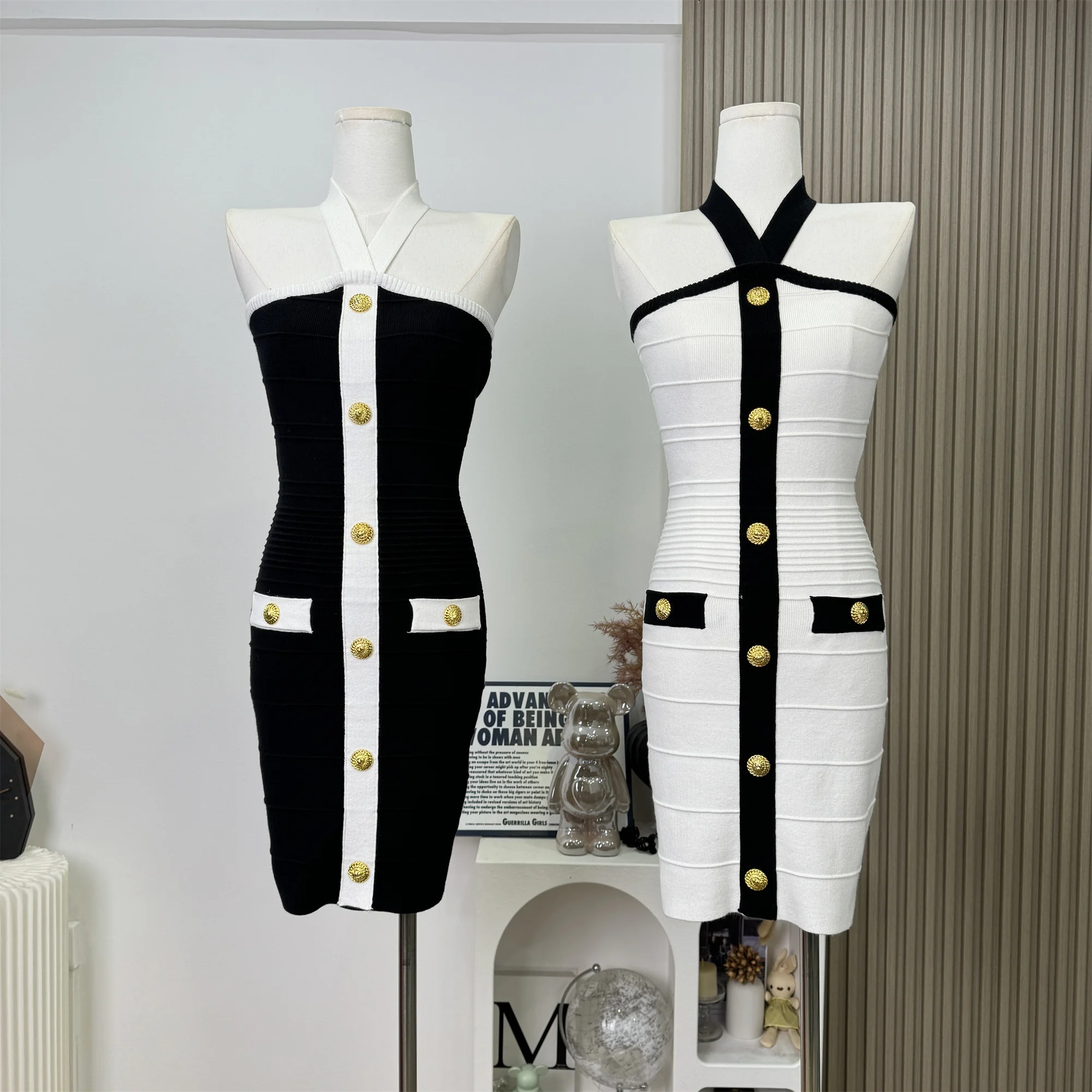 2025 tendencia vendaje vestido de punto mujeres Sexy contraste negro Festival ropa elegante Mini vestido bata con curvas vestido de lujo N621